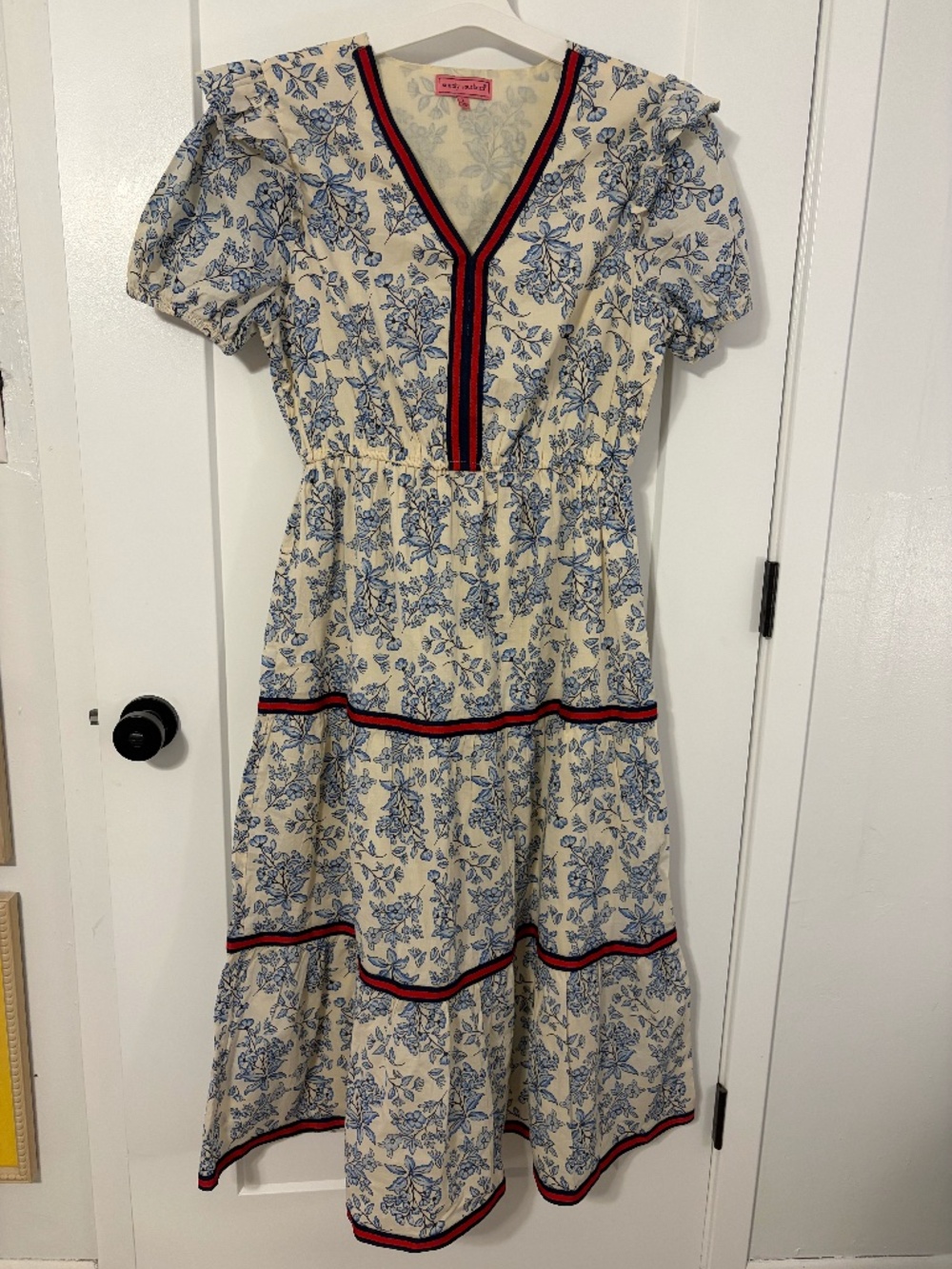 Simply Southern Blue Floral V-Neck Midi Dress Contrast Trim 100% Cotton NWOT LG